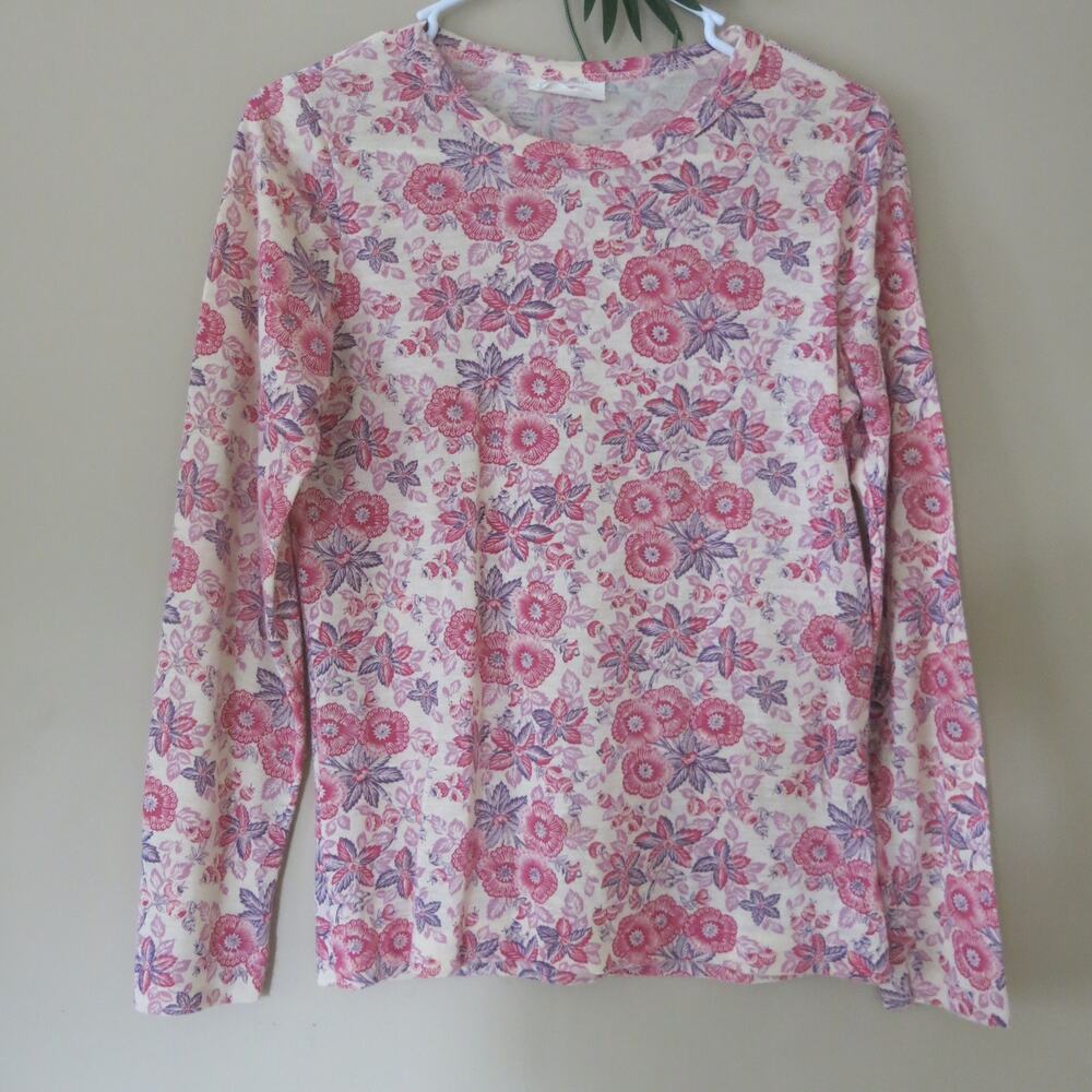 VINTAGE 1970's Floral Top Long Sleeve Round Neck Pinks Size S*(see notes*)